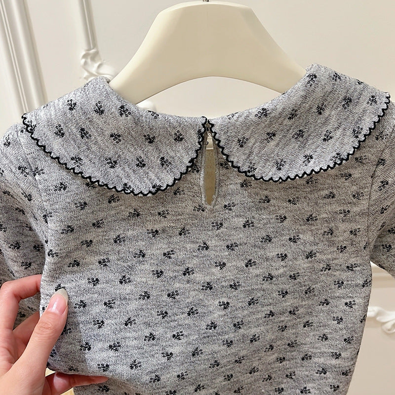 Girls' fall/winter new collection: fleece-lined floral print base layer top, perfect for early autumn outerwear. trendy autumn tops for girls, kids' clothing