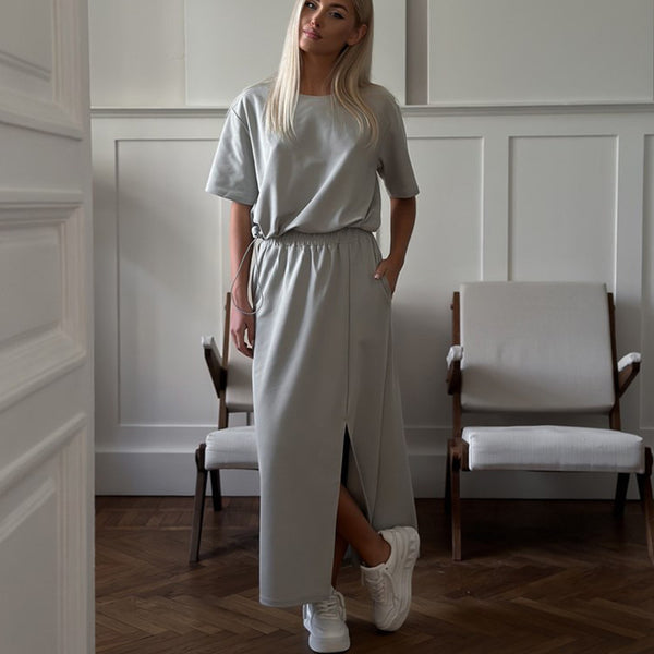European and American summer new women's fashion skirt set solid color short-sleeved T-shirt casual pocket long skirt elegant 2-piece set