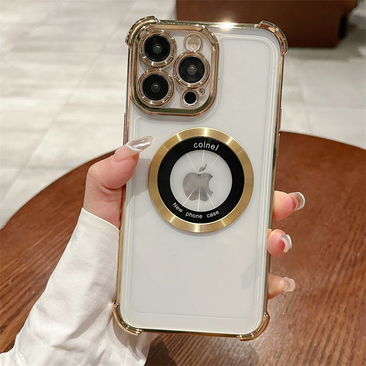Four-corner anti-fall electroplating suitable for apple 16pro double-circle magnetic mobile phone case iphone12/14 simple protective cover