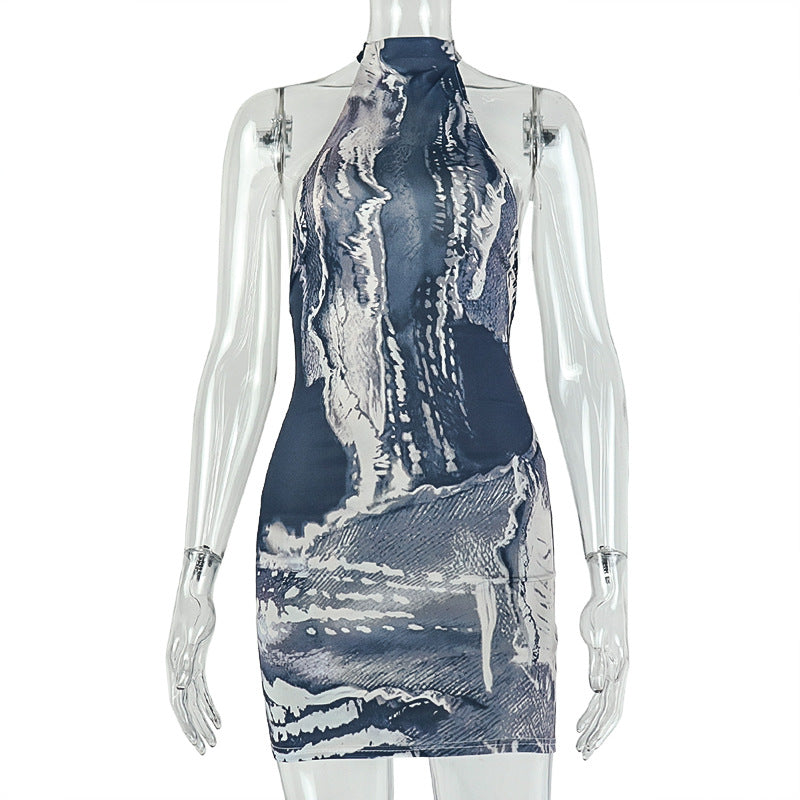 European and american style cross-border printed sleeveless women's sexy mini bodycon dress with stand collar and color block design - hot selling wholesale