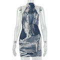 European and american style cross-border printed sleeveless women's sexy mini bodycon dress with stand collar and color block design - hot selling wholesale