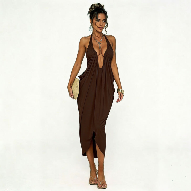 European and american export women's clothing  summer new style halter neck tie deep v-neck sexy shirred backless draped dress