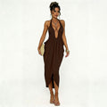 European and american export women's clothing  summer new style halter neck tie deep v-neck sexy shirred backless draped dress