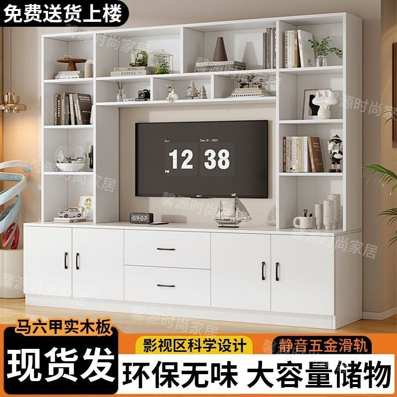 Solid wood tv cabinet all-in-one small apartment background wall living room wall cabinet multi-functional storage storage cabinet high cabinet against the wall