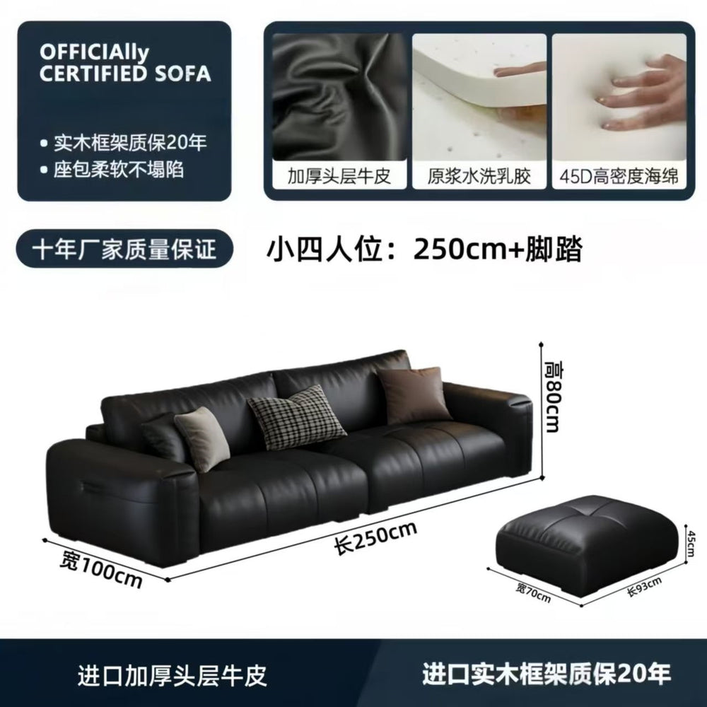 Italian minimalist genuine leather sofa, perfect for small apartments. black, top-grain cowhide, straight-row, high-end leather sofa for home living rooms