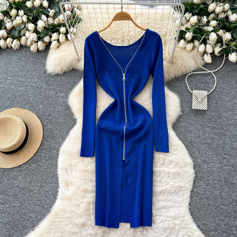 Korean style chic design v-neck zipper long sleeve slim-fit dress - women's autumn waist-cinching slit sweater dress