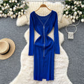 Korean style chic design v-neck zipper long sleeve slim-fit dress - women's autumn waist-cinching slit sweater dress