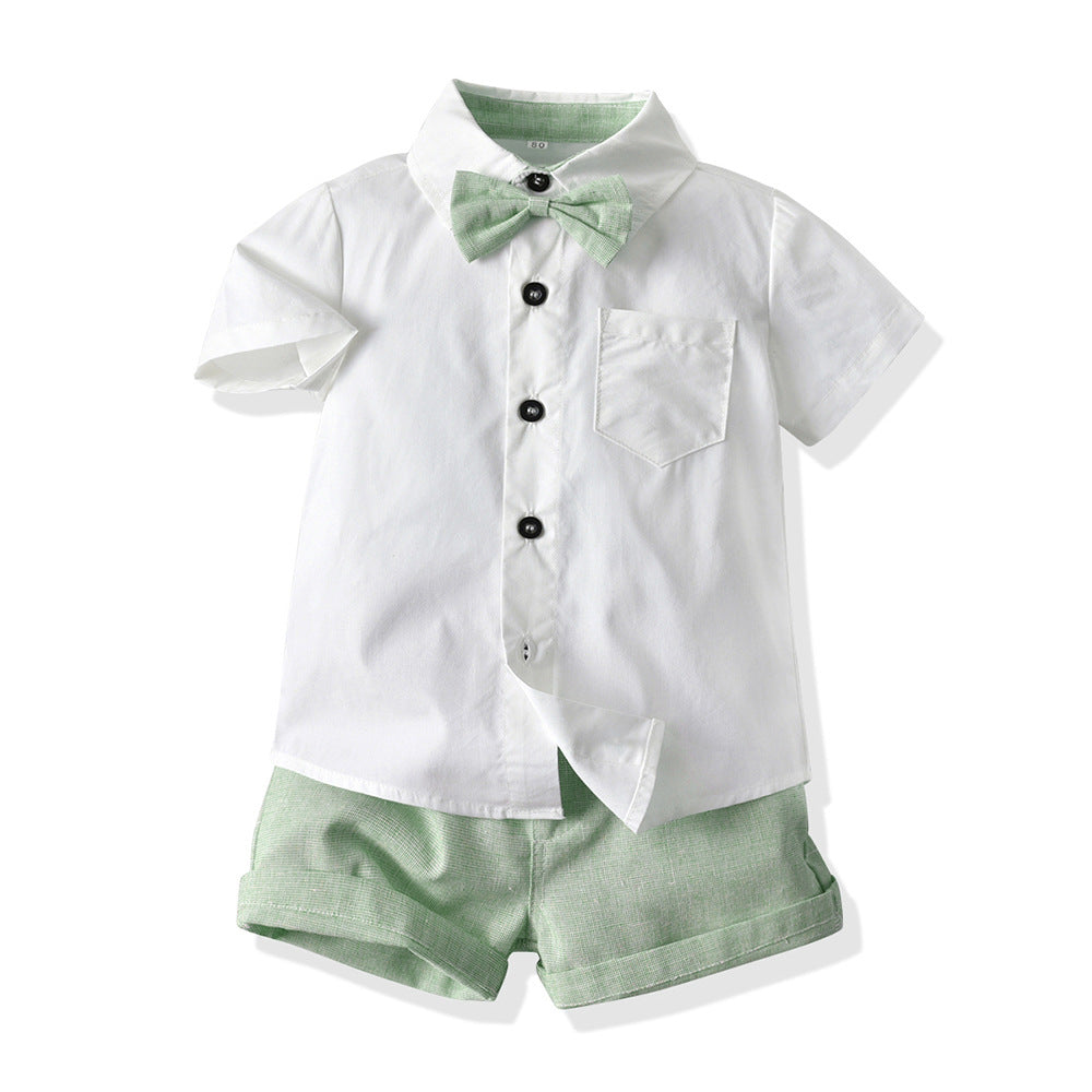 Summer kids' new european and american gentleman short-sleeve shirt set, children's suspender shorts two-piece outfit, first birthday dress