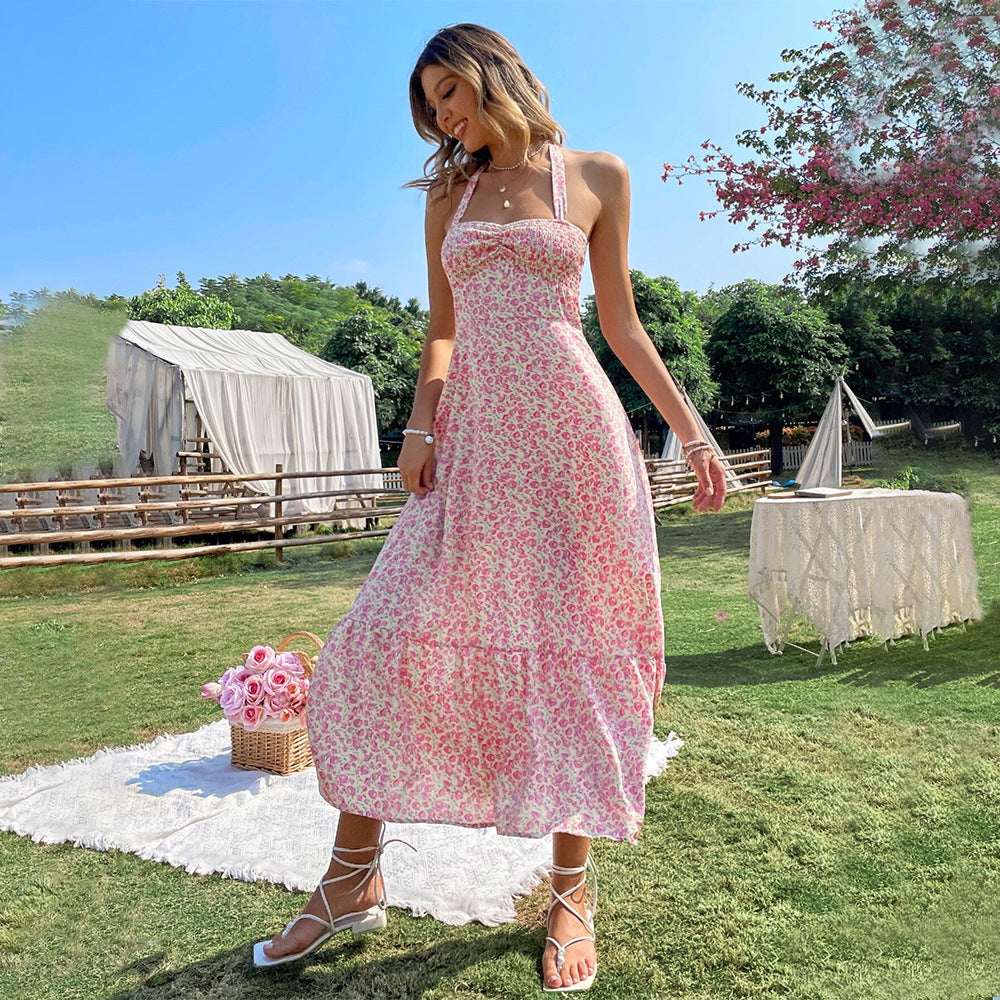 European and American   sexy wind neck sleeveless dress high waist backless pullover A word floral long dress women