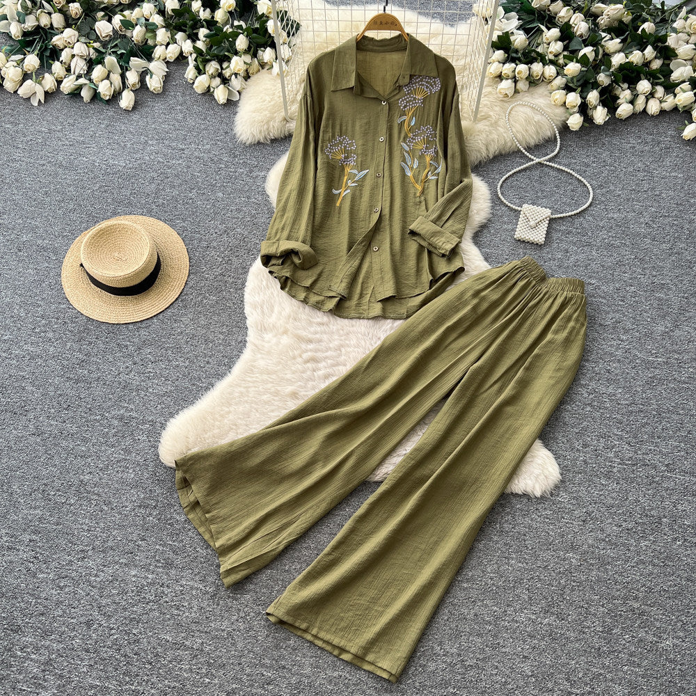 export lazy style embroidered long-sleeve shirt and wide-leg pants two-piece set - women's spring/autumn commute chic fashion outfit