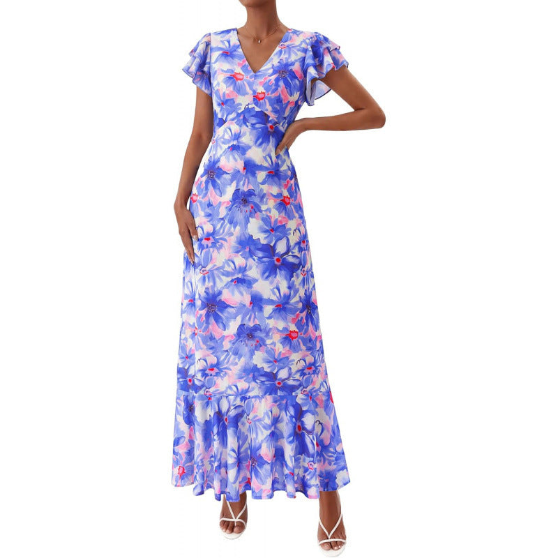 Summer floral maxi dress  spring short sleeve ruffle v-neck flowy bohemian beach vacation sundress