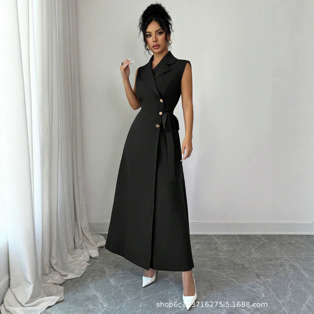 summer new arrival: black sleeveless dress with suit collar, cinched waist, and tie detail - long work dress