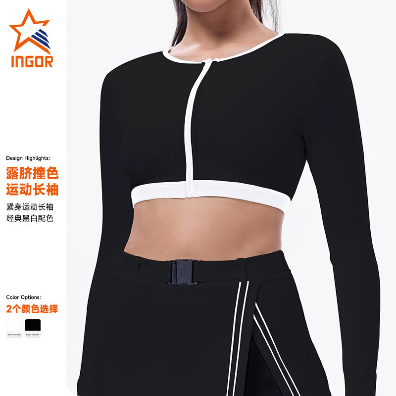 New long-sleeve tennis top - elegant, high-stretch activewear for fitness, yoga, and golf with built-in bra