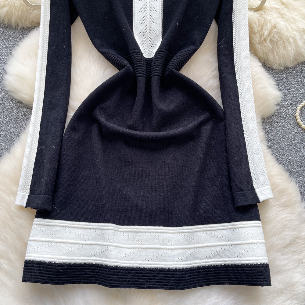 Frenchretroclassyfashionablecontrast colorpatchwork round neck long sleevesknittingdress women's waist slimming looksweater skirt