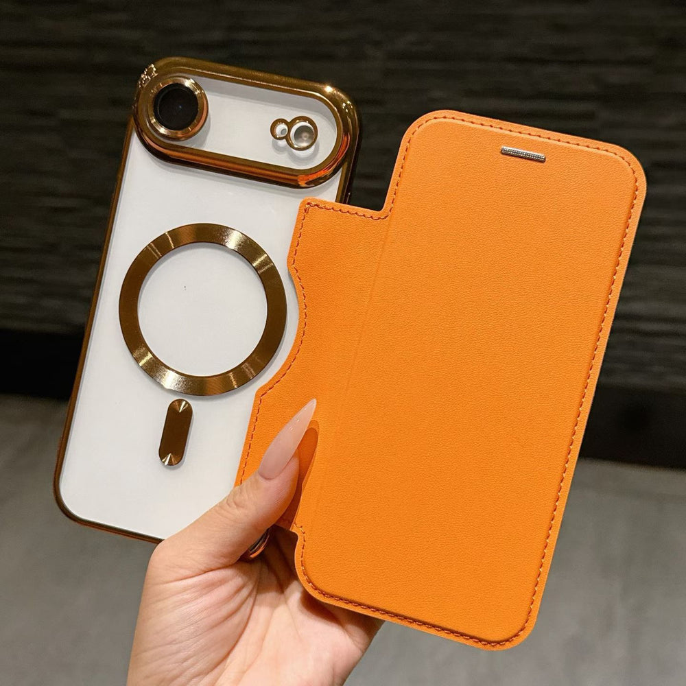 Premium gold shield magnetic leather case for iphone 17 pro max, apple 16 flip cover, full coverage, drop protection