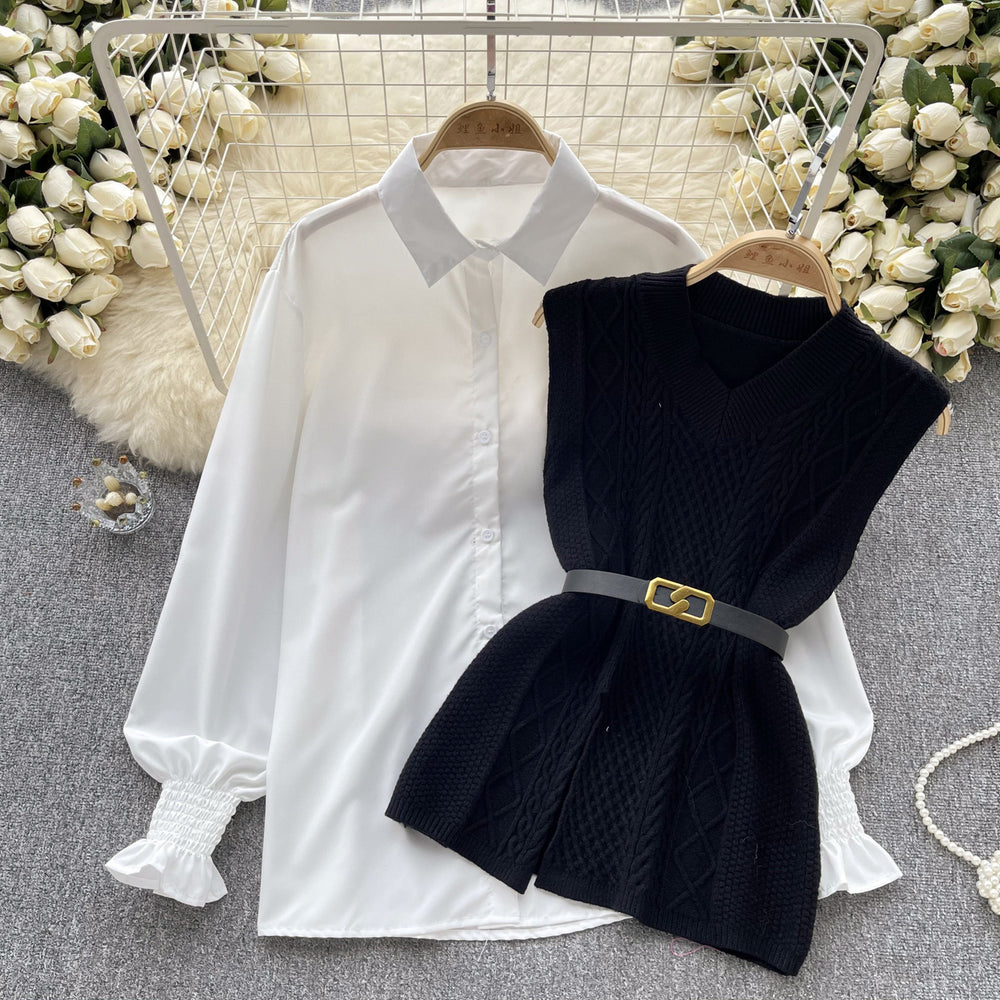 Korean style chic fashion set: women's casual loose long-sleeve shirt + cinched waist v-neck sleeveless knit vest two-piece outfit