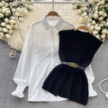 Korean style chic fashion set: women's casual loose long-sleeve shirt + cinched waist v-neck sleeveless knit vest two-piece outfit