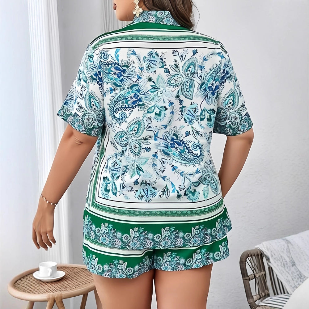 European and american cross-border women's fashion:  early autumn hot style retro print short-sleeve shirt and high-waisted shorts casual two-piece set