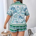 European and american cross-border women's fashion:  early autumn hot style retro print short-sleeve shirt and high-waisted shorts casual two-piece set
