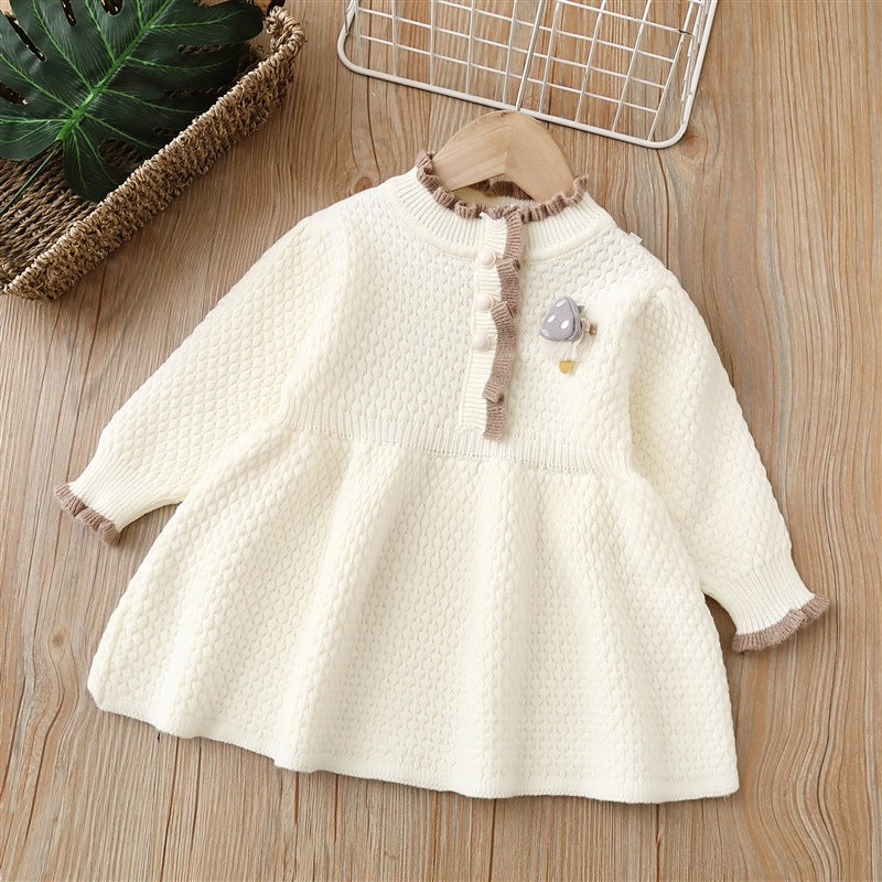 Girls' knitted mushroom dress with lace trim - autumn/winter  new sweet style long dress