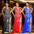 C7023 cross-border   independent station fashionfashion women's rhinestone v neck sleeveless dress long skirt