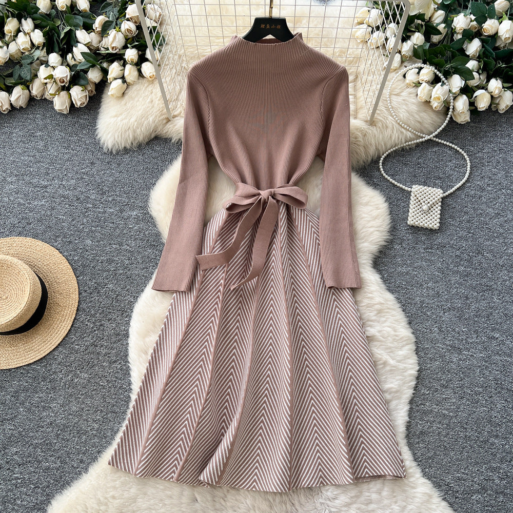 Xiaoxiangfengclassy contrast colorbows strappy long sleevesdress women's metal buckle waist slimming lookknitting short skirt