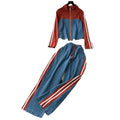Women's autumn casual outfit: vintage stand collar denim patchwork long sleeve top t-shirt + wide leg straight pants two-piece set