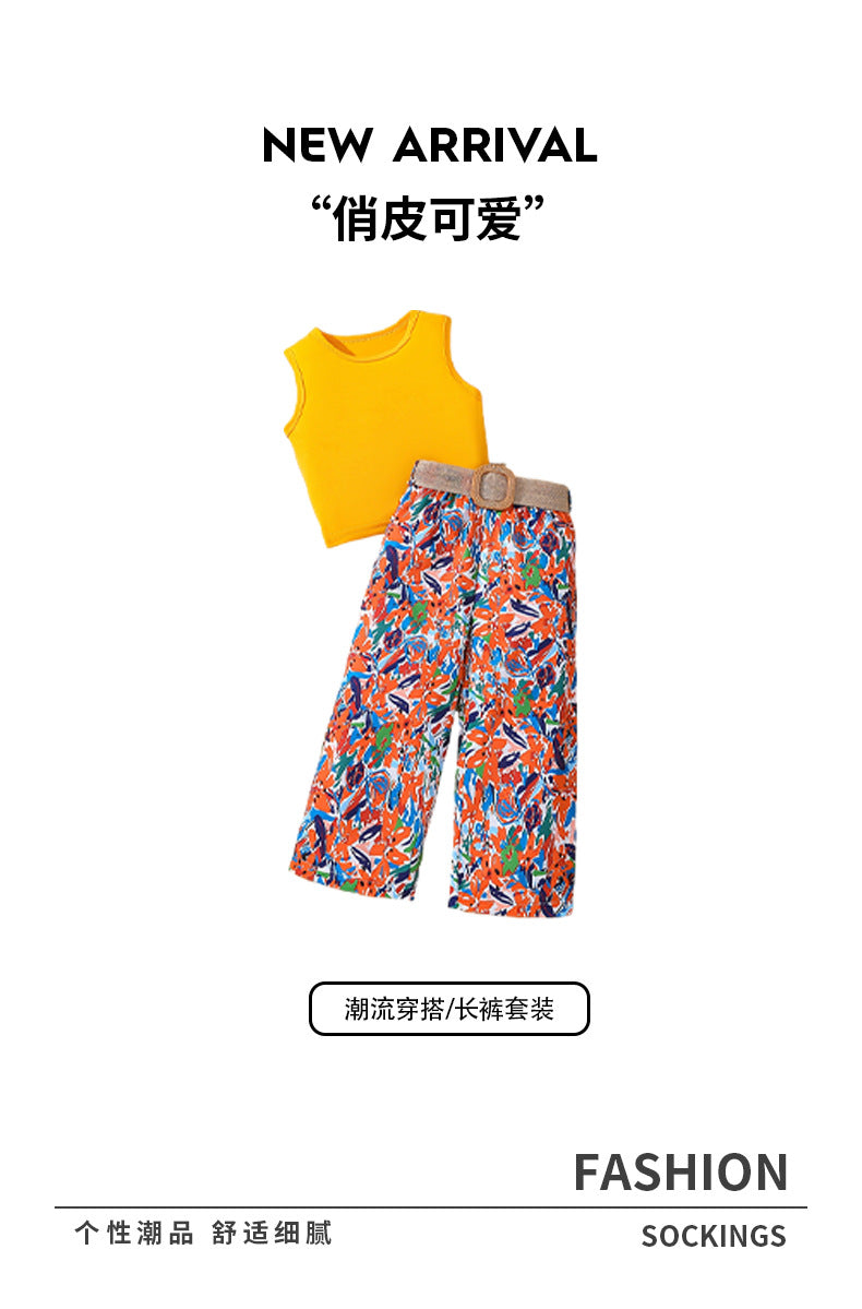 Girls' summer tank top set: yellow sleeveless knit top with floral print pants and belt - two-piece outfit for kids