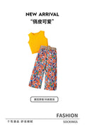 Girls' summer tank top set: yellow sleeveless knit top with floral print pants and belt - two-piece outfit for kids
