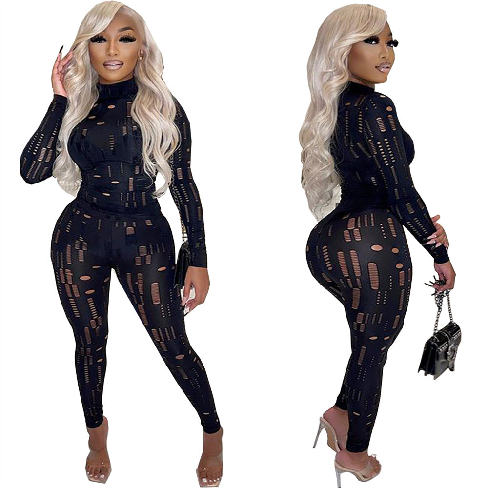European and american export women's clothing:  independent site fashionable sexy hollow-out distressed tight-fitting long sleeve two-piece set