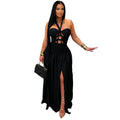 C7762 cross-border  new arrival: halter neck cutout tie-up party evening dress - satin side slit dress