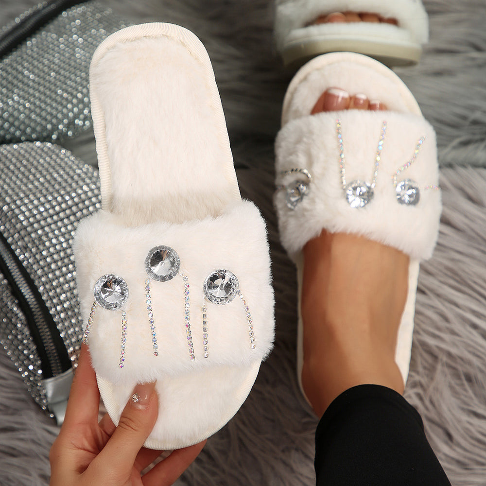 Export bright diamond decorative fur slippers for women at home fashion cross-border new arrivalflats indoor one-line sewing cotton slippers for women