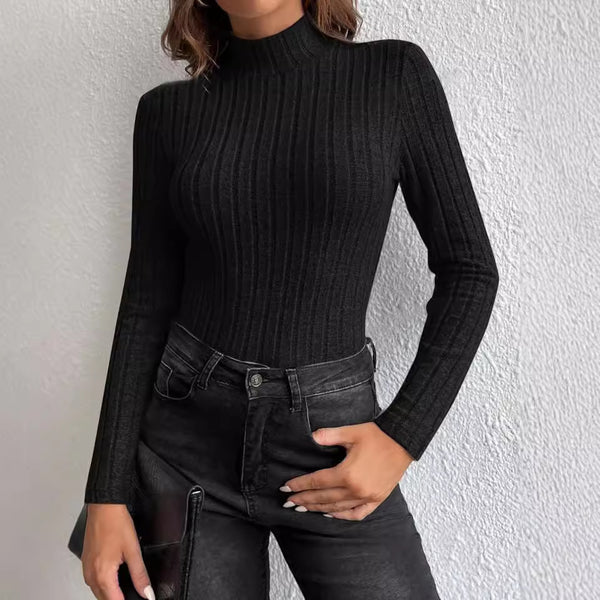 Spot European and American women's clothing women's tight-fitting inner solid-color pit strip top pullover long-sleeved knitted sweater bottoming shirt T-shirt