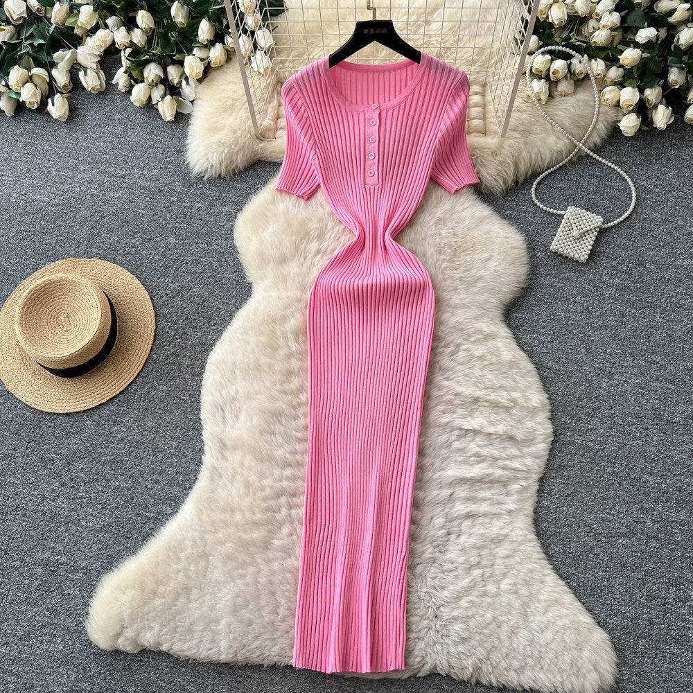 K-styleknittingcasual pure desire style dress women's summer short-sleeved waist silm a-line long skirt light mature elegance style