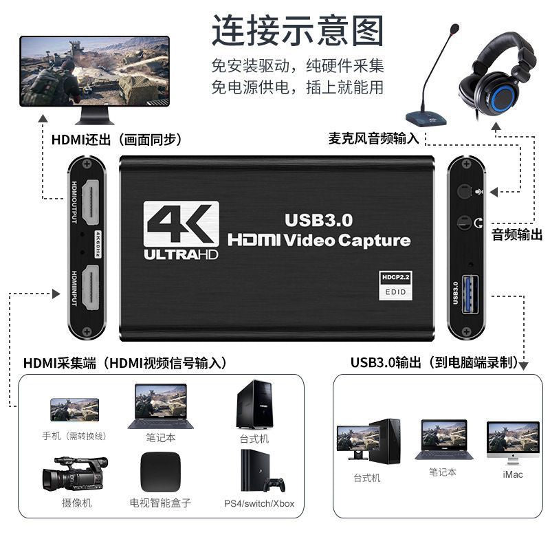 Hdmi high-definition 4k live streaming camera, ps4 game console, set-top box expansion, recording, usb3 video capture card, expansion dock