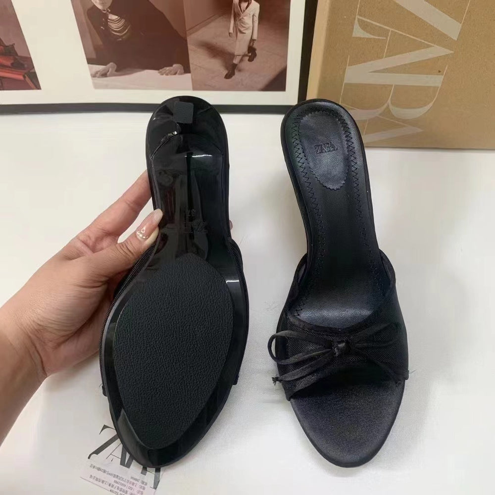 Za summer new 2024 french pointed-toe high heels, single strap bow detail, open toe slingback mules