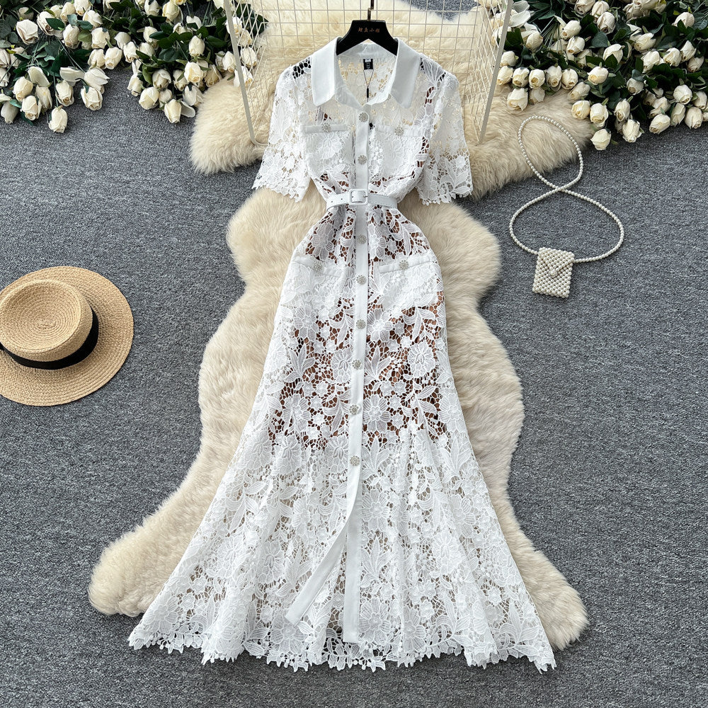 Frenchaccessible luxury heavy industry lacecut out silk dress women's summer k-style lapel waist slimming lookwork clothingelegance long skirt