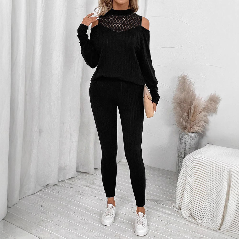 Amazon cross-border fashion set: european and american style, casual off-shoulder long sleeve top and pants two-piece set with cutout detail