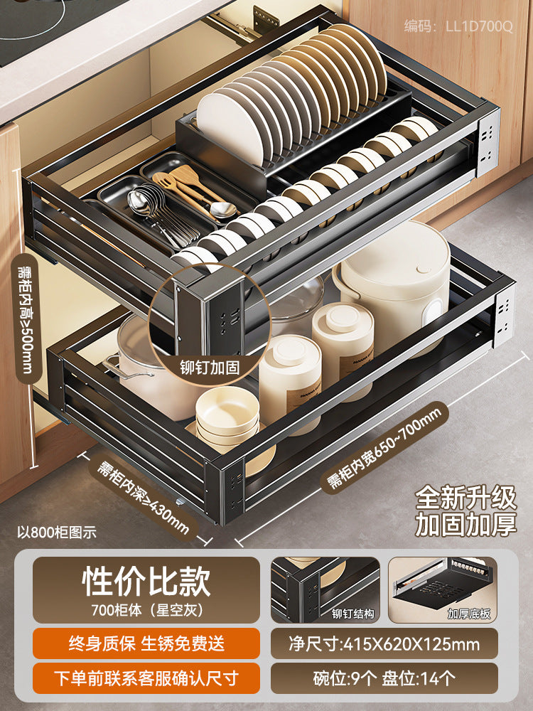 Pull Basket Kitchen Cabinet 304 Stainless Steel Double Layer Bowl Basket Drawer Type Seasoning Storage Dishes and Dishes Built-in Bowl Rack