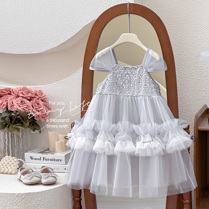 Girls' dress  summer new arrival: sweet sequin princess dress for kids, cute baby mesh tutu skirt