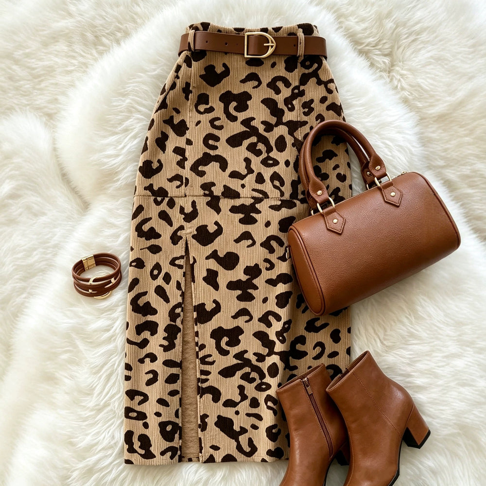 cross-border fashion women's elegant commute round neck flare long sleeve coffee leopard print midi skirt set