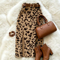 cross-border fashion women's elegant commute round neck flare long sleeve coffee leopard print midi skirt set