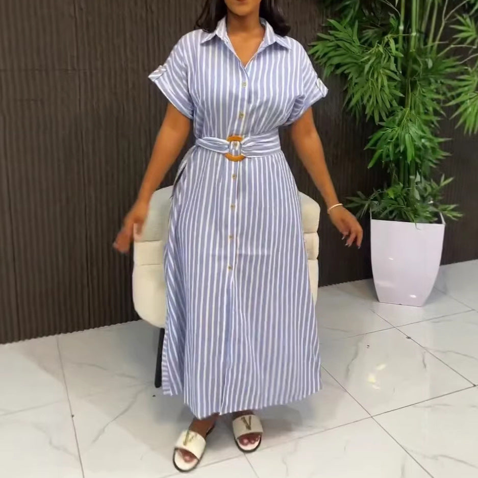 European and american cross-border women's clothing  summer new arrival: casual notch collar striped tie-waist short-sleeve shirt dress