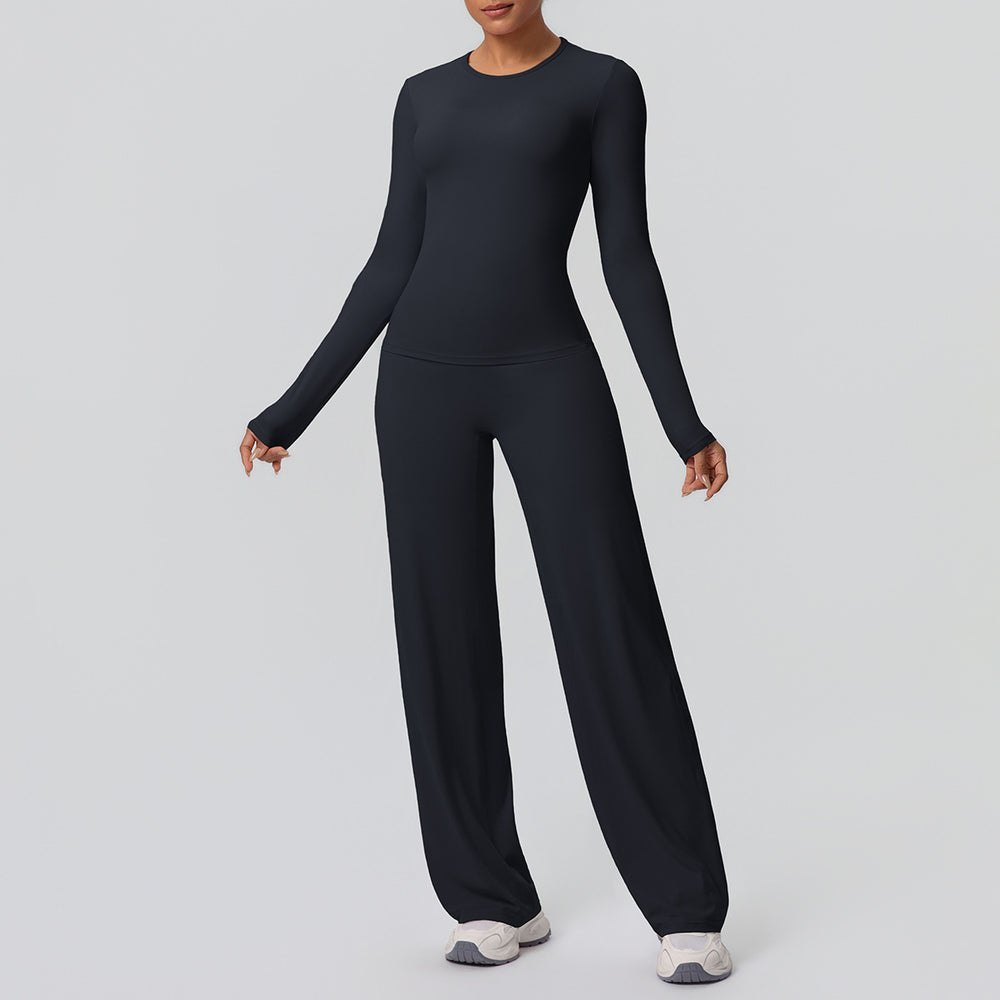 double-sided brushed pure color tight training long sleeves wide-leg yoga suit sports running fitness two-piece set