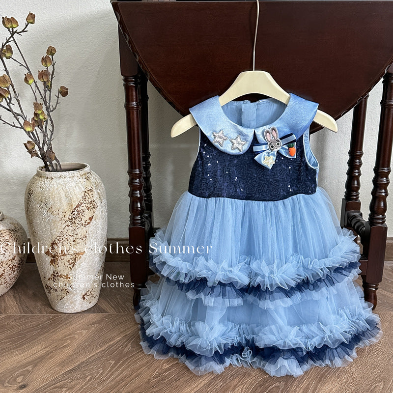 Girls' sleeveless summer dress  - birthday party princess dress, trendy lace cake skirt