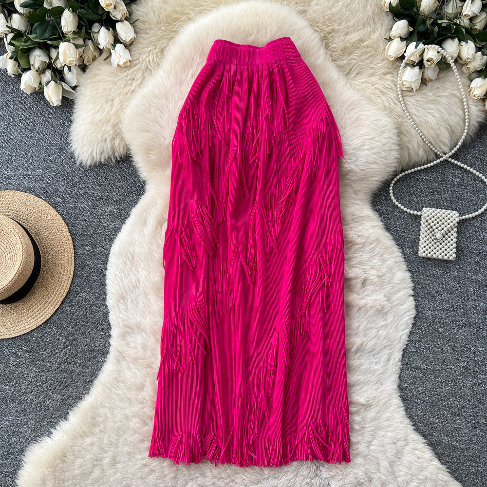 Korean style tassel trim a-line midi skirt - women's 2026 summer high-waisted commute chic tassel skirt