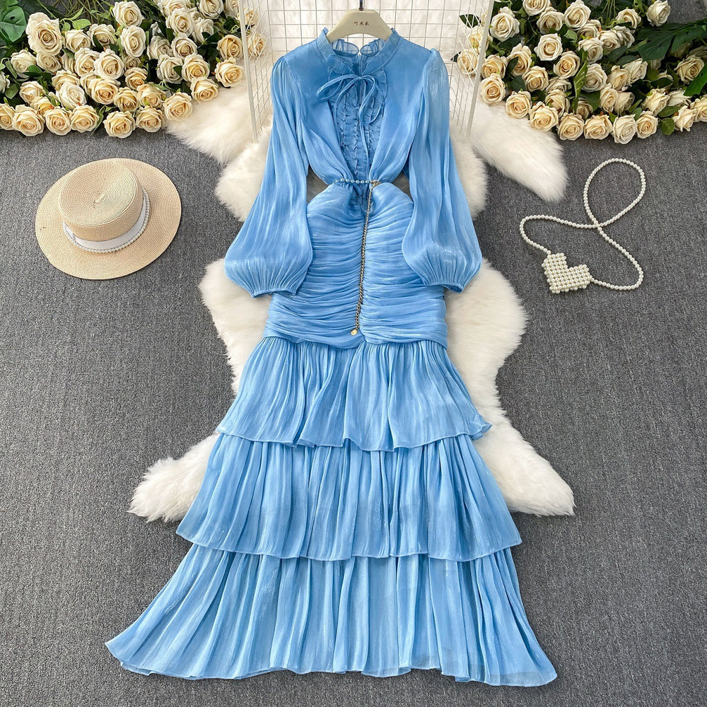 French dress women's  new arrival high-end lace patchwork cinched waist lantern sleeve ruffle hem long evening gown
