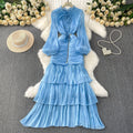French dress women's  new arrival high-end lace patchwork cinched waist lantern sleeve ruffle hem long evening gown