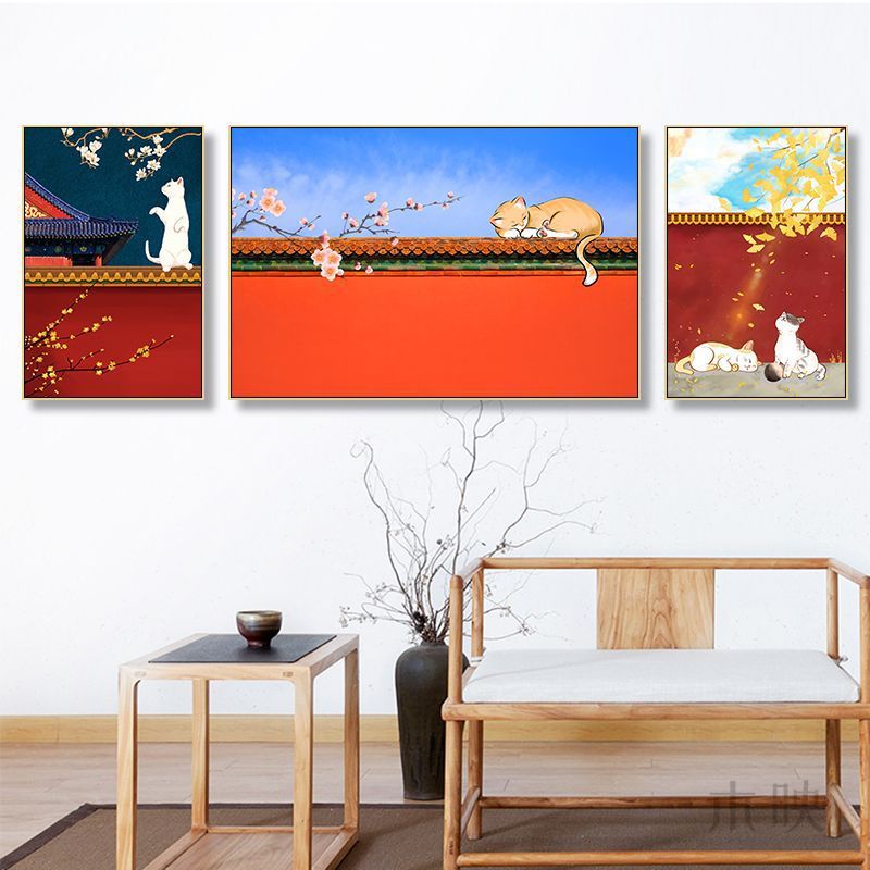 Palace Museum painting Chinese hotel restaurant private room box antique red decorative painting hotel living room cat mural