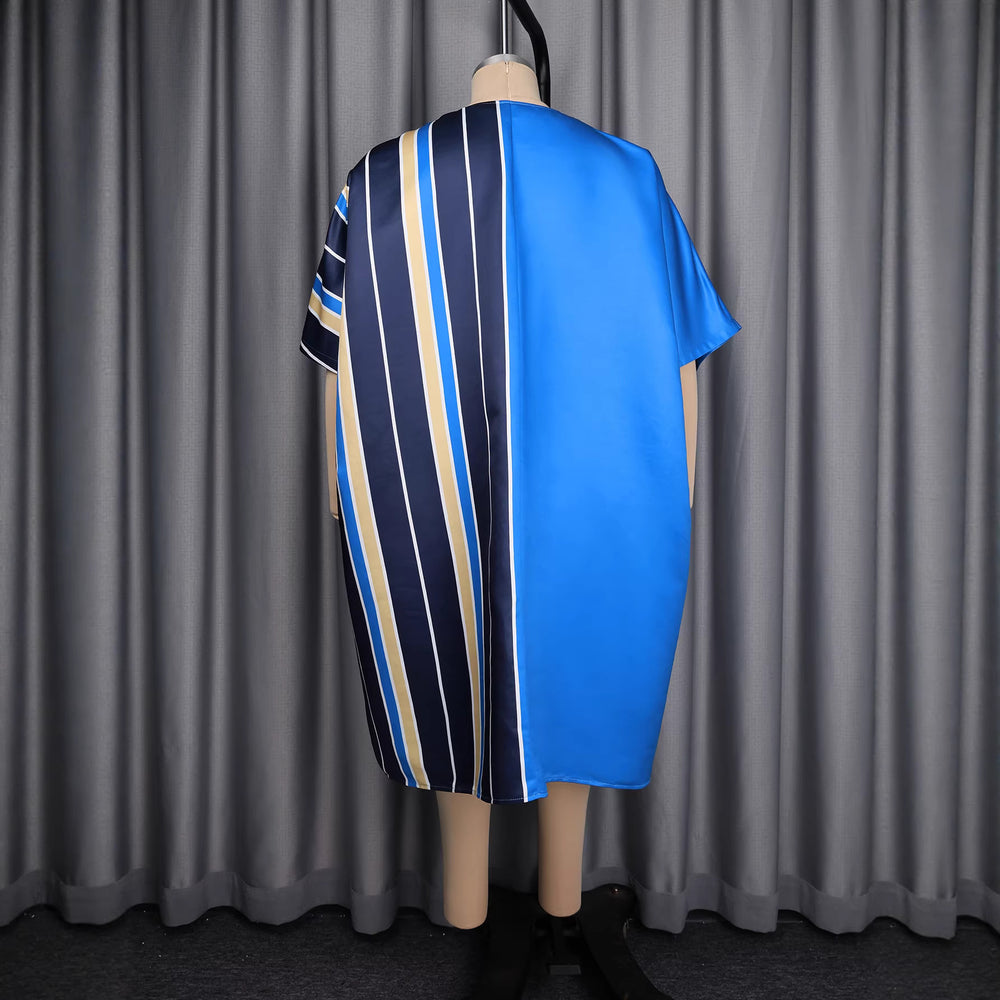 African ethnic patchwork dress - batwing sleeve v-neck pocket color block satin bubu robe dress